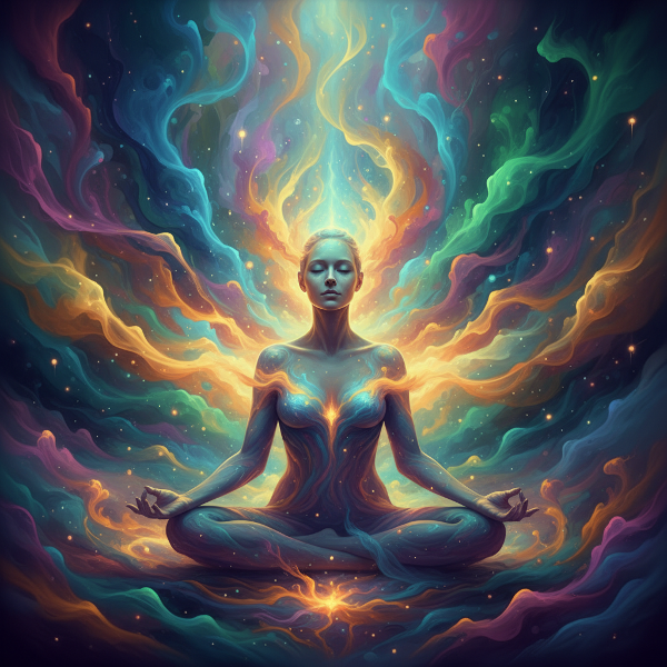 Une illustration abstraite montrant une silhouette humaine entourée de flux d'énergie colorés représentant les forces psychiques intérieures qui guident inconsciemment nos décisions et émotions.