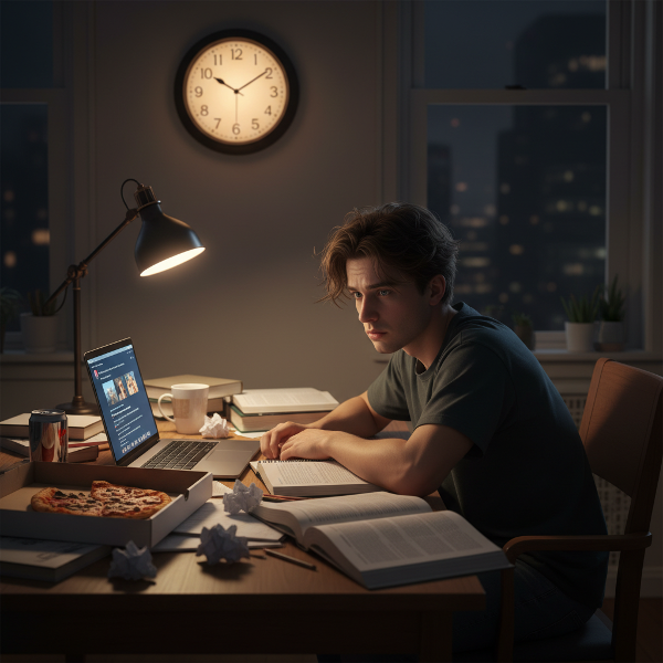 Une personne à un bureau encombré, entourée de papiers éparpillés et d'un ordinateur, regardant une horloge indiquant une heure tardive, exprimant la procrastination et le stress.