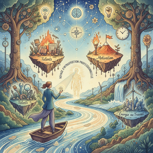 Une image symbolique d'un voyage intérieur professionnel, où une personne explore son paysage personnel de talents et de motivations.