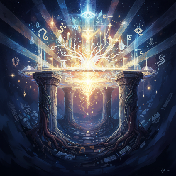 Une image abstraite et symbolique montrant des piliers solides ancrés dans l'obscurité, soutenant une structure lumineuse et complexe, évoquant les fondations invisibles de l'existence, la résilience et la quête de sens.