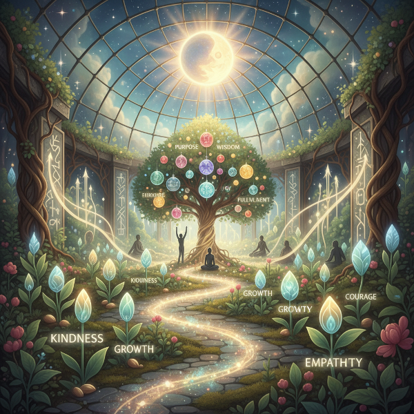 Une illustration d'un jardin intérieur métaphorique où des graines de pensées et d'actions cultivent des valeurs fondamentales sous un éclairage onirique.