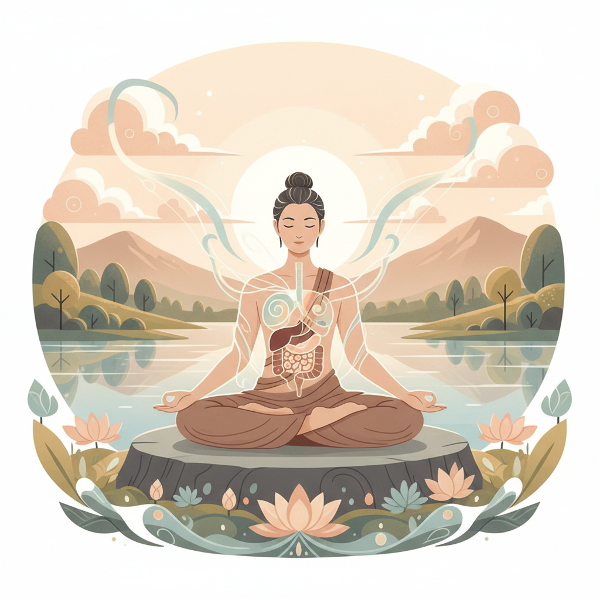 Illustration symbolique d'une personne en méditation, avec des connexions énergétiques subtiles entre l'esprit et le corps, dans un environnement naturel.