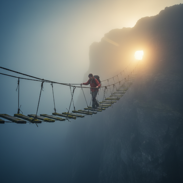 Une illustration symbolique d'un individu naviguant avec résilience à travers l'incertitude et le changement.