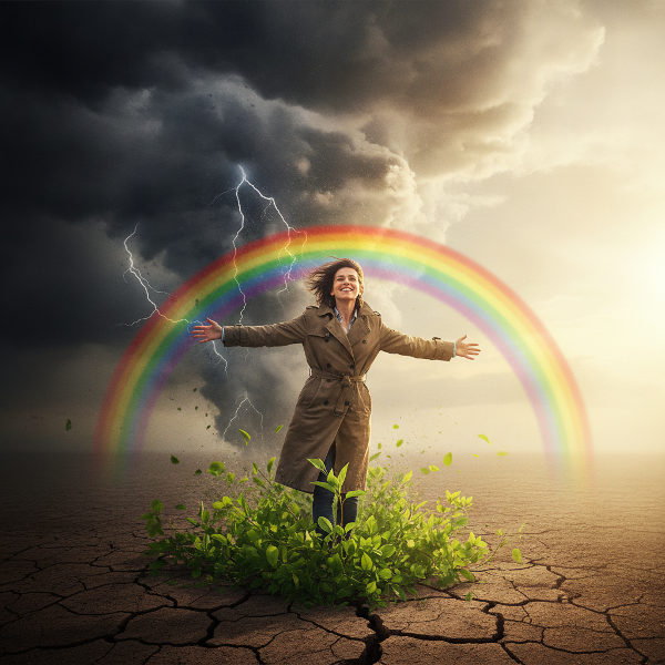 Une personne émergeant d'une tempête avec un sourire, arc-en-ciel et végétation renaissante.