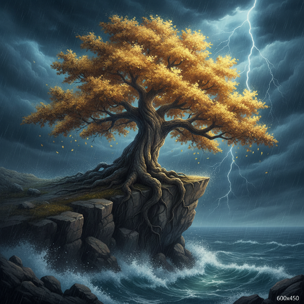 Arbre solide sur une falaise affrontant une tempête, symbolisant la force intérieure et la croissance.