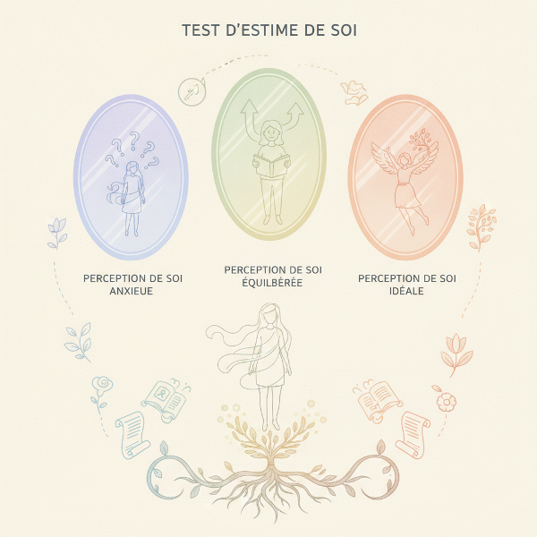 Une personne devant un miroir brisé en trois parties, chacune reflétant une version d'elle-même (faible, adéquate, élevée), avec des plantes et des étoiles en arrière-plan.