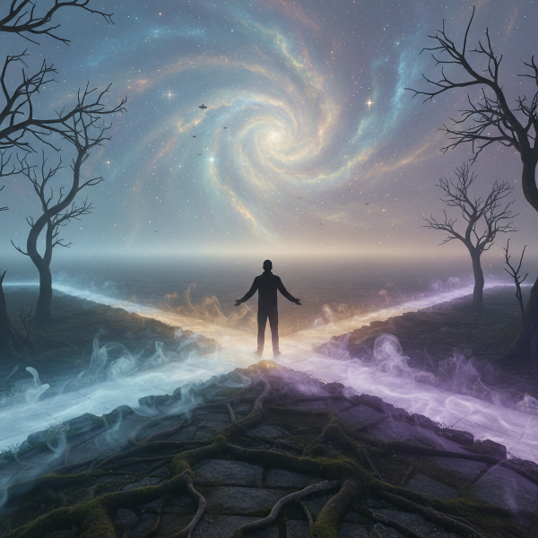 Une silhouette à la croisée de trois chemins, symbolisant les choix de vie et les différentes dynamiques identitaires.