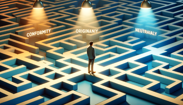Une illustration abstraite d'un labyrinthe social où une silhouette se tient à un carrefour, avec trois chemins distincts représentant la conformité, l'originalité et la neutralité qui s'illuminent de couleurs différentes.