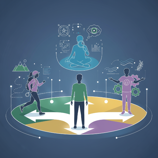 Illustration infographique montrant une personne centrale entourée de trois archétypes relationnels, symbolisant les différents profils sociaux explorés par le test.