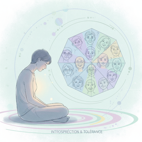 Une illustration symbolique d'une personne en pleine réflexion, entourée d'un kaléidoscope de visages représentant la diversité sociale.