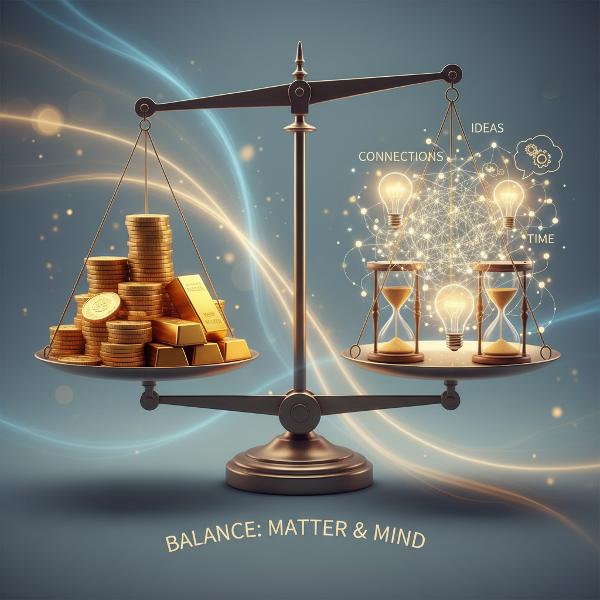 Une balance illustrant l'équilibre entre l'argent (pièces d'or) et les ressources intangibles (savoir, réseaux, créativité, temps).