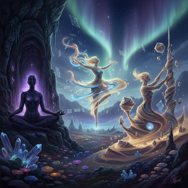 Une illustration symbolique représentant les trois archétypes d'équilibre dans un paysage intérieur onirique et énergétique.