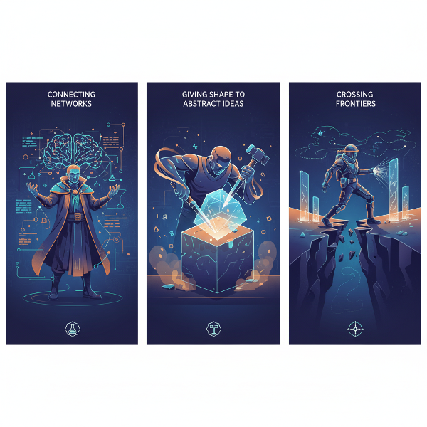 Une illustration symbolique représentant trois archétypes professionnels : l'Alchimiste des Connexions, le Sculpteur de Sens et l'Explorateur des Limites.