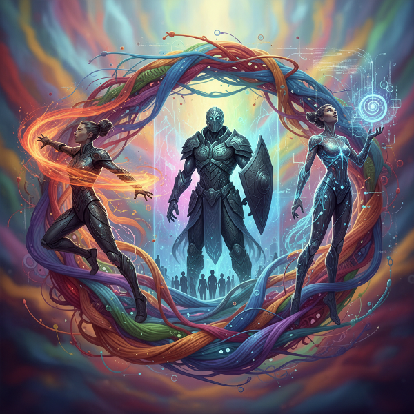 Une illustration abstraite représentant trois figures symbolisant les archétypes du Catalyseur, du Gardien et de l'Innovateur, évoluant dans un réseau social dynamique et coloré.