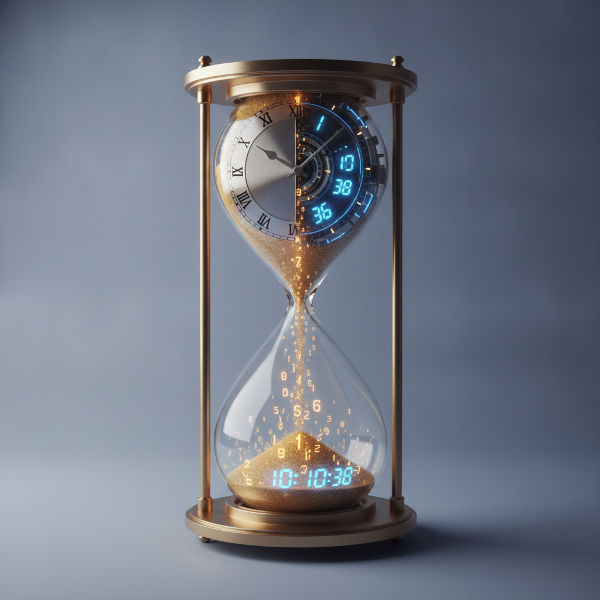 Un sablier étrange fusionné avec un cadran d'horloge, mêlant éléments numériques et analogiques, sable s'écoulant en chiffres lumineux, fond minimaliste, ambiance sereine et contemplative.