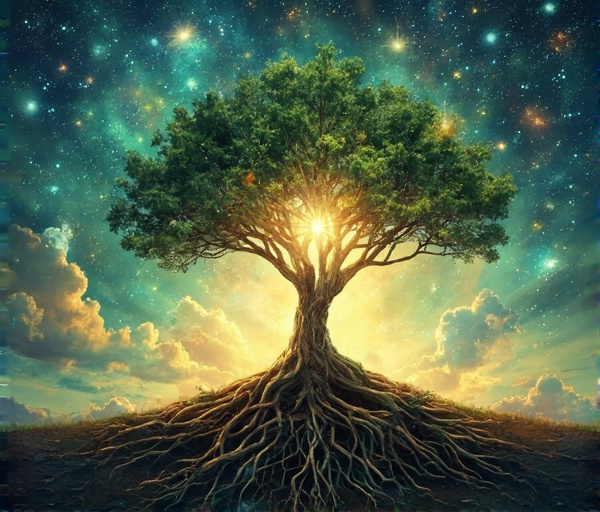 Un arbre aux racines profondes, entouré de liens lumineux, symbolise l'ancrage intérieur et la transformation des défis en équilibre.