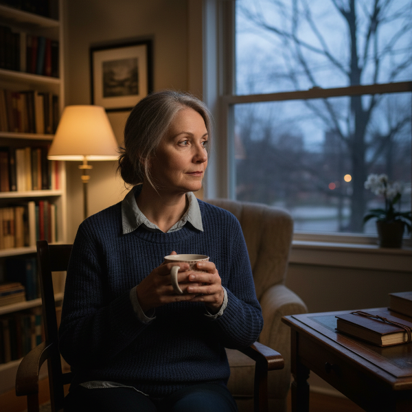 Une psychologue de 63 ans, calme et réfléchie, regarde par la fenêtre au crépuscule, contemplant son identité au-delà de sa carrière.