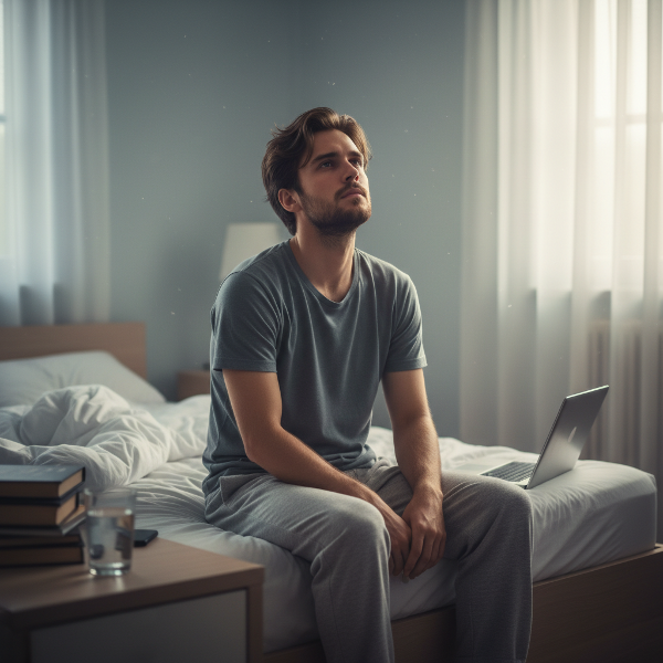 Un psychologue épuisé et distant, assis au bord de son lit le matin, illustrant la fatigue et l'apathie décrites dans la question.