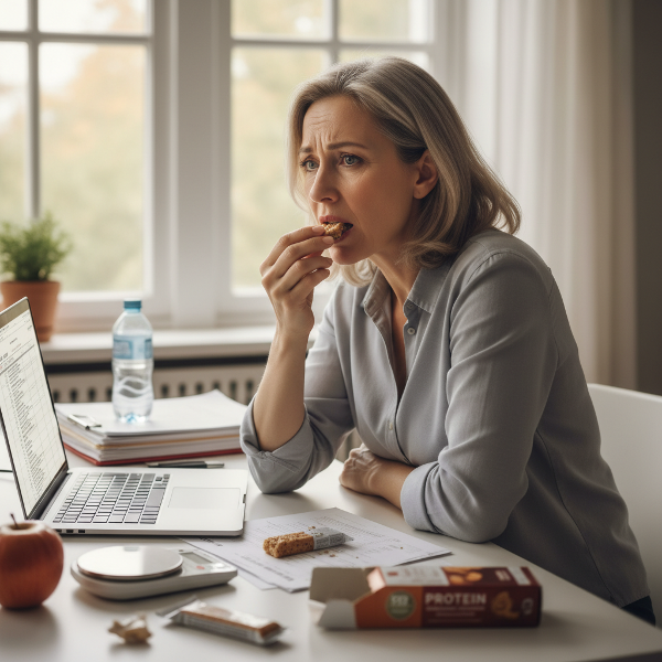 Illustration d'une femme d'âge mûr au bureau, submergée par le stress et la compulsion alimentaire en cachette, avec des éléments symbolisant la honte