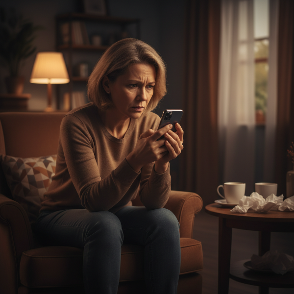 Une femme d'âge mûr tient son téléphone, l'air anxieux et isolée dans un contexte social flou.