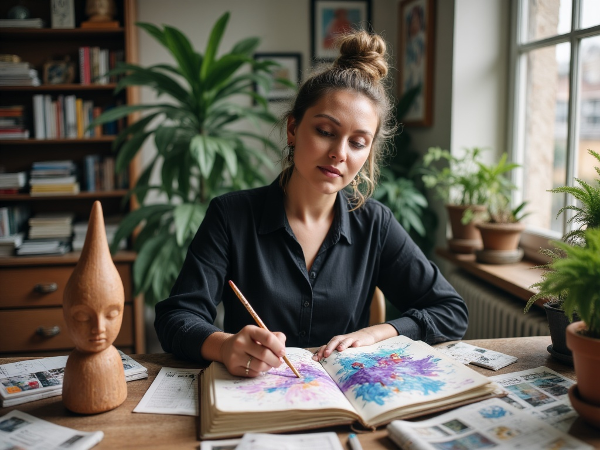 Une femme utilise la peinture abstraite et le collage pour explorer ses émotions et combler un vide intérieur, dans un cadre calme et bienveillant.
