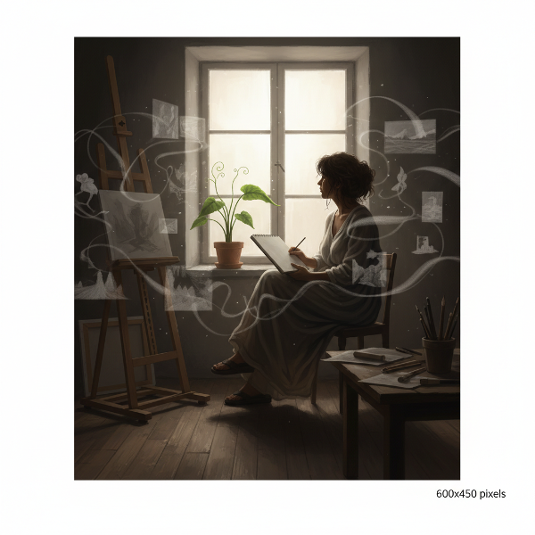 Une illustratrice en deuil dans son atelier, entourée d'ombres du passé, mais avec un signe d'espoir et de croissance nouvelle à la fenêtre.