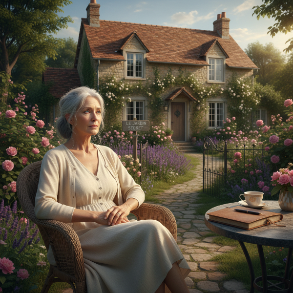 Femme âgée dans un jardin, symbolisant le vide après la retraite et la quête de renouveau.