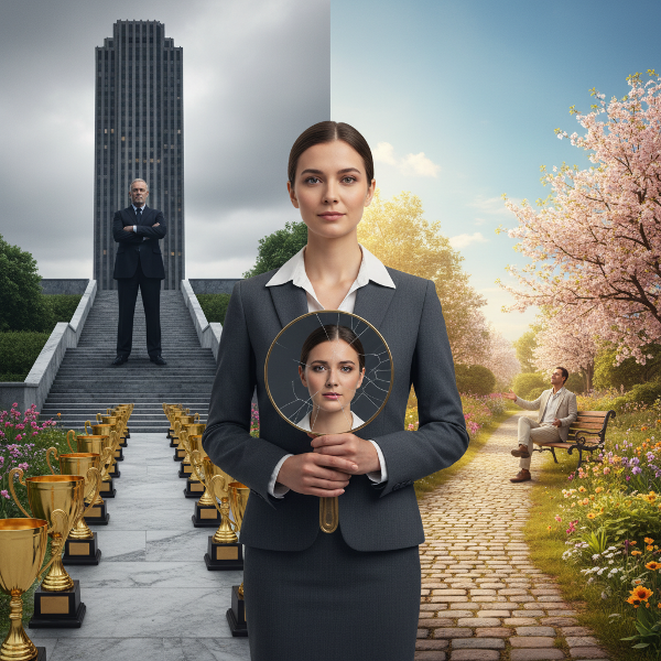 Une jeune femme professionnelle à un carrefour, entre les attentes d'un père imposant et un chemin plus doux, tenant un miroir fissuré qui révèle sa fatigue.