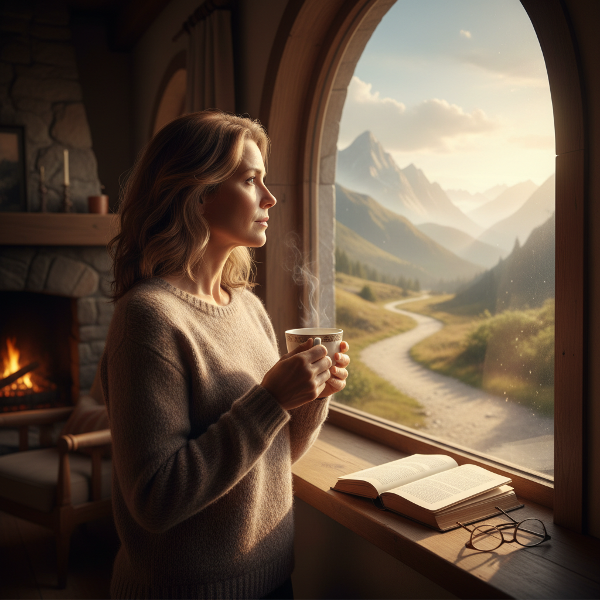 Une femme d'âge mûr en réflexion devant une fenêtre, symbolisant une transition de vie et l'exploration de nouvelles possibilités.