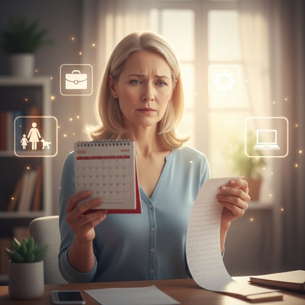 Une illustration représentant l'équilibre entre vie professionnelle et familiale, avec des symboles de gestion du temps et une atmosphère calme.