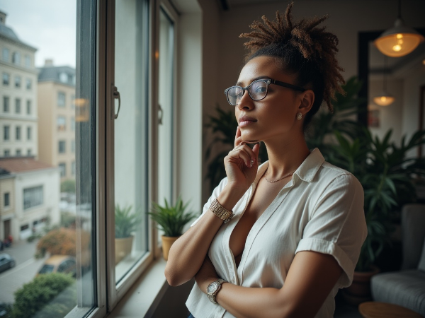 Une femme professionnelle réfléchissant à un changement de carrière, entre doute et espoir, dans un environnement lumineux et symbolique.