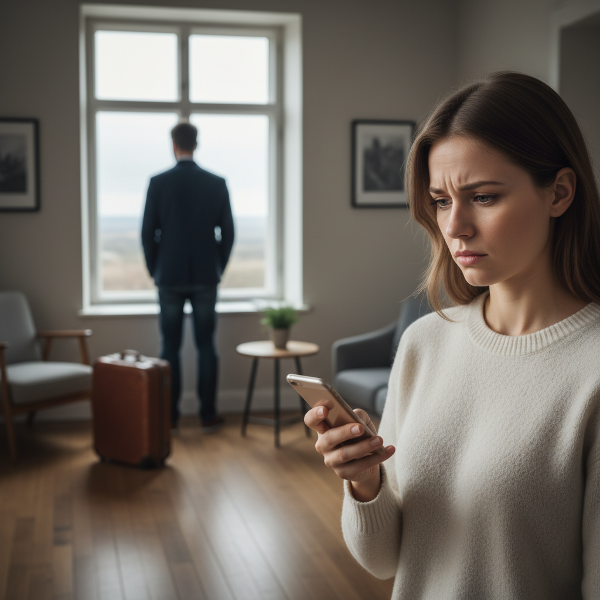 Une femme anxieuse contemple la distance émotionnelle dans son couple, symbolisée par un partenaire distant et une valise.