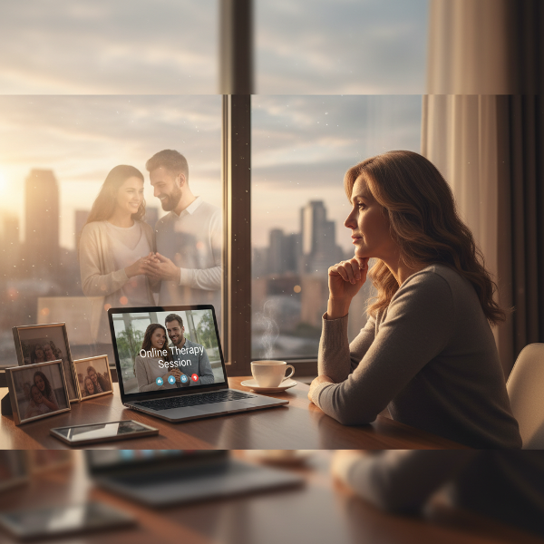 Une femme contemple la transition de son couple après le départ des enfants, entre solitude et espoir de reconnexion.
