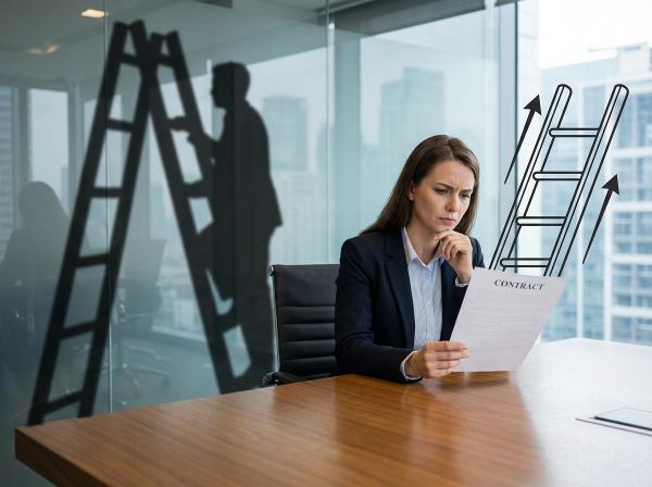 Une femme hésite devant un contrat, avec une échelle de succès et des ombres de doute en arrière-plan, illustrant le conflit intérieur face à une promotion.
