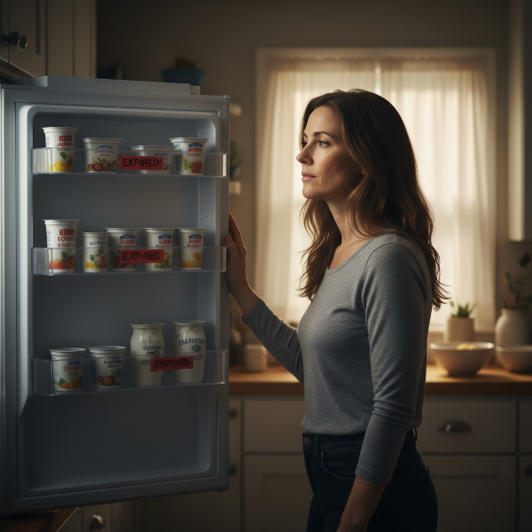 Une femme dans sa cuisine, le regard perdu devant un frigo ouvert, illustrant un moment de suspension et de brouillard intérieur.