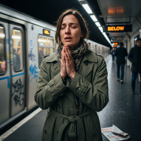 Une femme tente de surmonter son anxiété et ses crises de panique devant une station de métro, utilisant des techniques de respiration pour retrouver un sentiment de sécurité.
