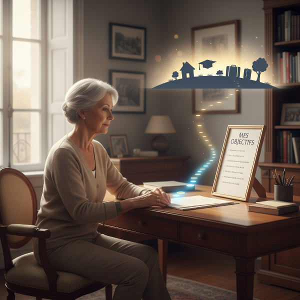 Une femme mature visualise ses objectifs, avec un chemin d'étapes lumineuses illustrant la progression contre la procrastination.