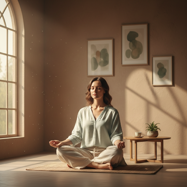 Une illustration représentant une femme en train de se reconnecter à son corps par des exercices de respiration doux dans un environnement serein.