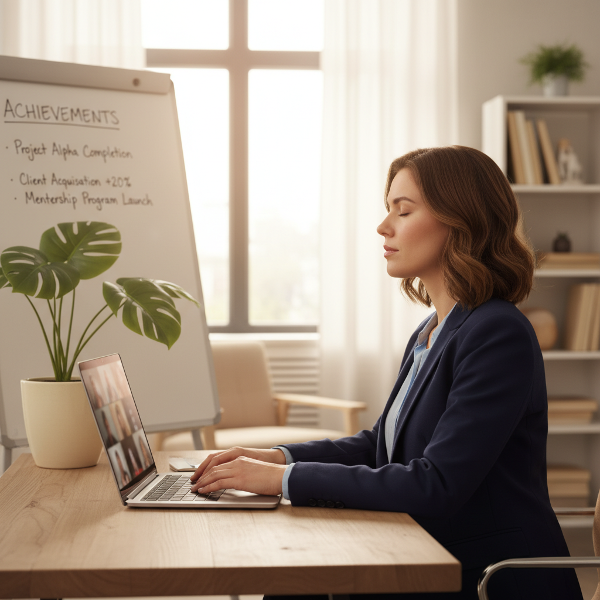 Une psychologue gère son anxiété avant une présentation en ligne par des techniques de respiration et d'ancrage dans son espace professionnel apaisant.