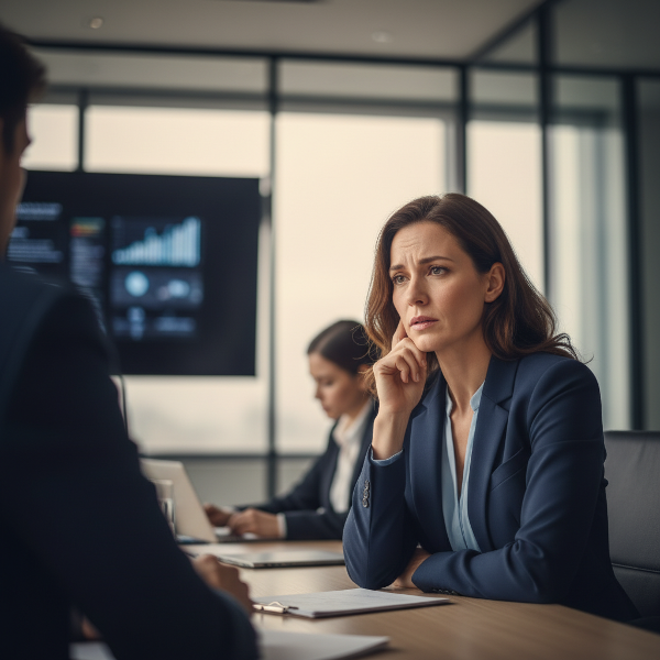 Une femme ressent une tension à la mâchoire en prenant la parole lors d'une réunion professionnelle.