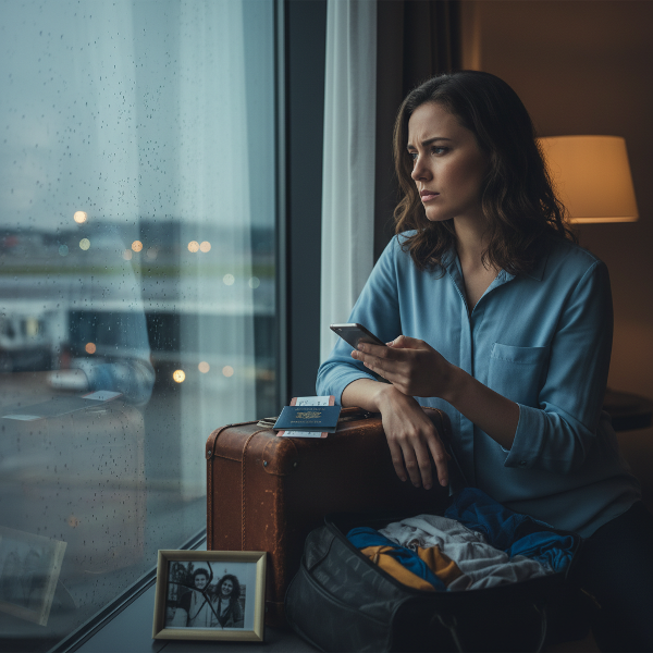 Une femme réfléchit, un téléphone à la main, avec une valise et des objets de voyage à proximité, illustrant la distance et le changement dans un couple.