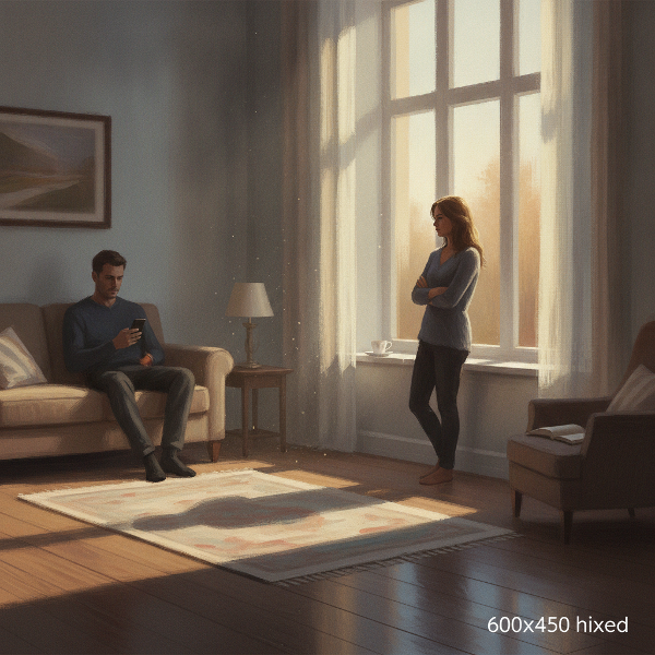 Une femme en tenue décontractée, assise dans un salon spacieux, regarde par une grande fenêtre avec une expression triste et réfléchie, tandis que son mari est assis plus loin, concentré sur son téléphone. La lumière tamisée évoque une atmosphère de solitude et de non-dit.
