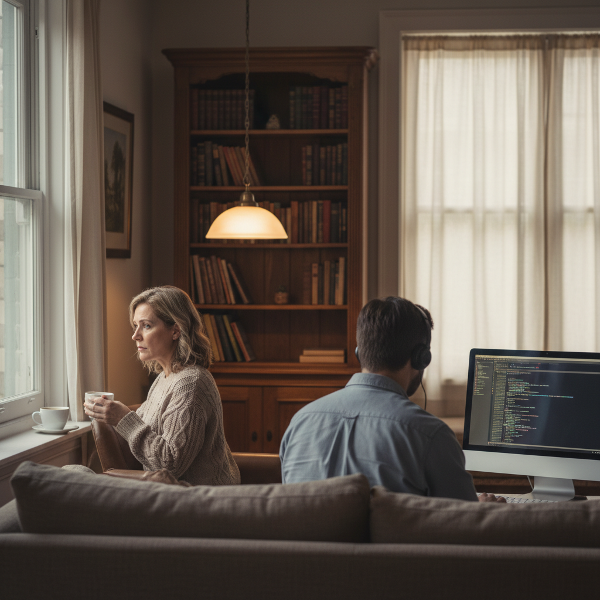 Un couple d'âge mûr dans un salon, séparé par une distance émotionnelle, la femme pensive regarde par la fenêtre tandis que l'homme est absorbé par un écran.