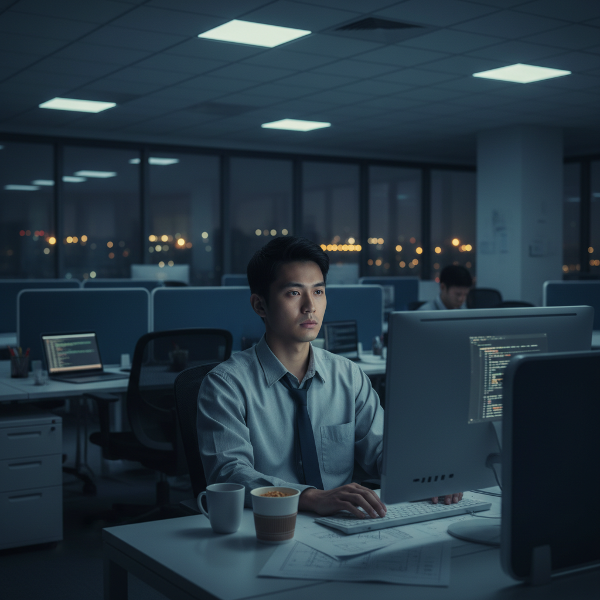 Un jeune ingénieur seul dans un bureau moderne la nuit, ressentant un vide et une sensation d'étouffement malgré un travail stable.
