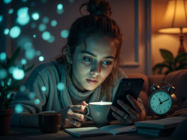 Une psychologue jeune femme, Léa, regarde son téléphone avec préoccupation, entourée d'icônes de réseaux sociaux, une tasse de café à la main, illustrant la surconsommation numérique.