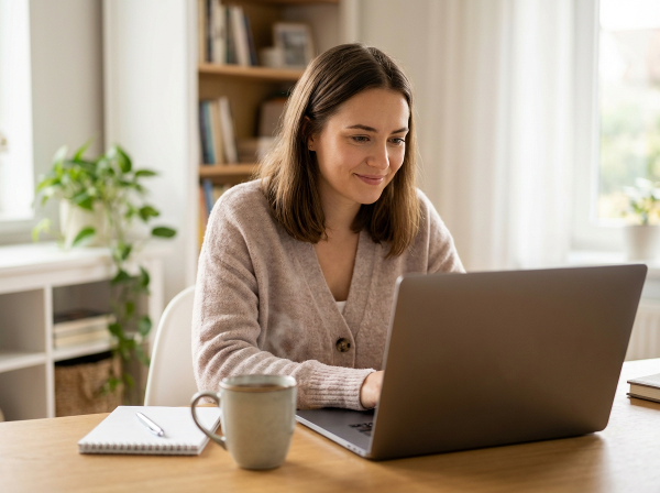 Une psychologue jeune et empathique devant son ordinateur, prête à écouter.