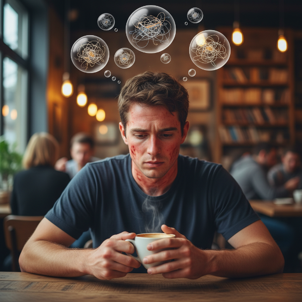 Illustration de Milo, un jeune homme anxieux, montrant des symptômes physiques de stress dans un café, avec des pensées tourbillonnantes.