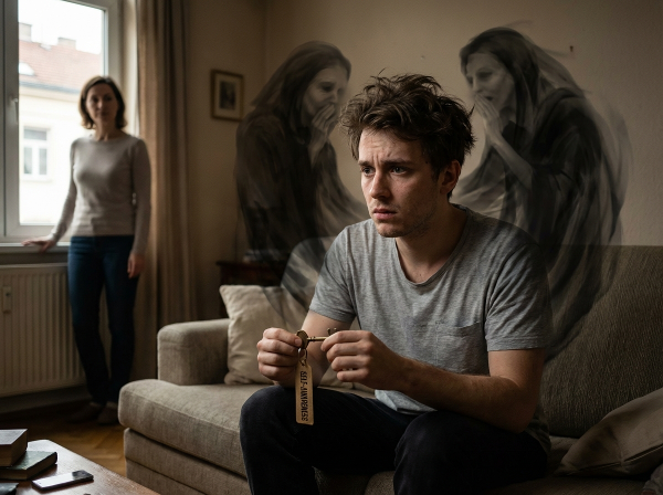 Un homme jeune, l'air anxieux, est entouré de pensées jalouses représentées par des ombres. Il tient une clé symbolisant la prise de conscience de soi, tandis que son partenaire se tient calmement à proximité.