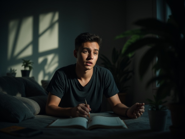 Une illustration montrant un jeune homme en proie à la lassitude, avec des éléments de lumière et de psychologie positive suggérant un chemin vers le mieux-être.