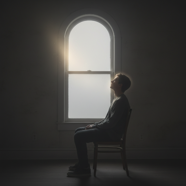 Illustration d'un jeune homme dans un intérieur sombre, avec un brouillard gris à l'extérieur de la fenêtre et une lueur d'espoir qui commence à apparaître.